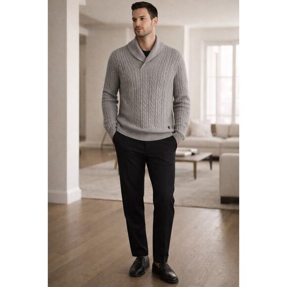 Hugo Boss Slim Fit Gray Cable Knit Sweater Wool Silk Angora Blend Size L Mens
